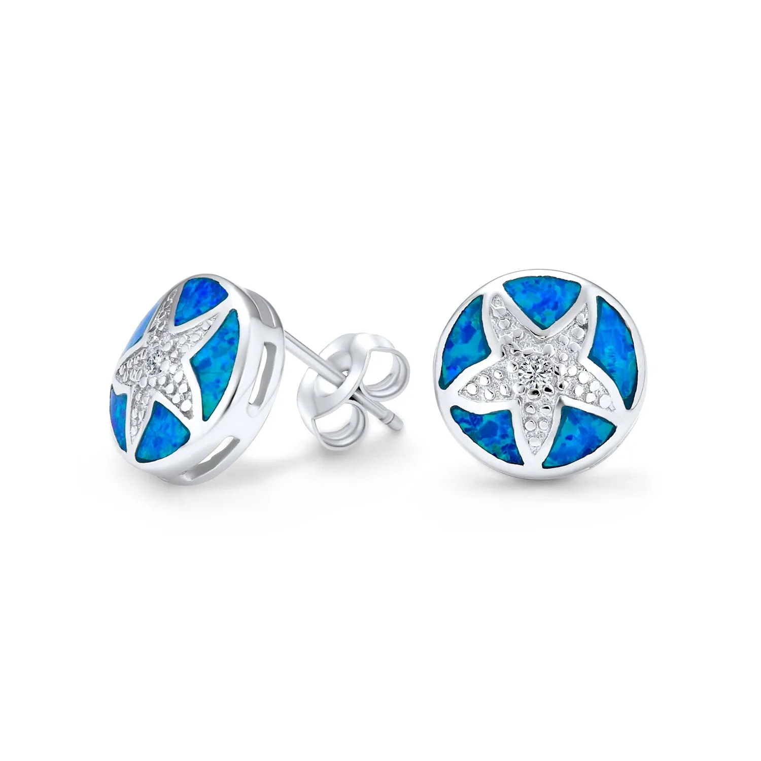 Nautical Starfish Stud Earrings with Blue Opal Inlay in Sterling Silver