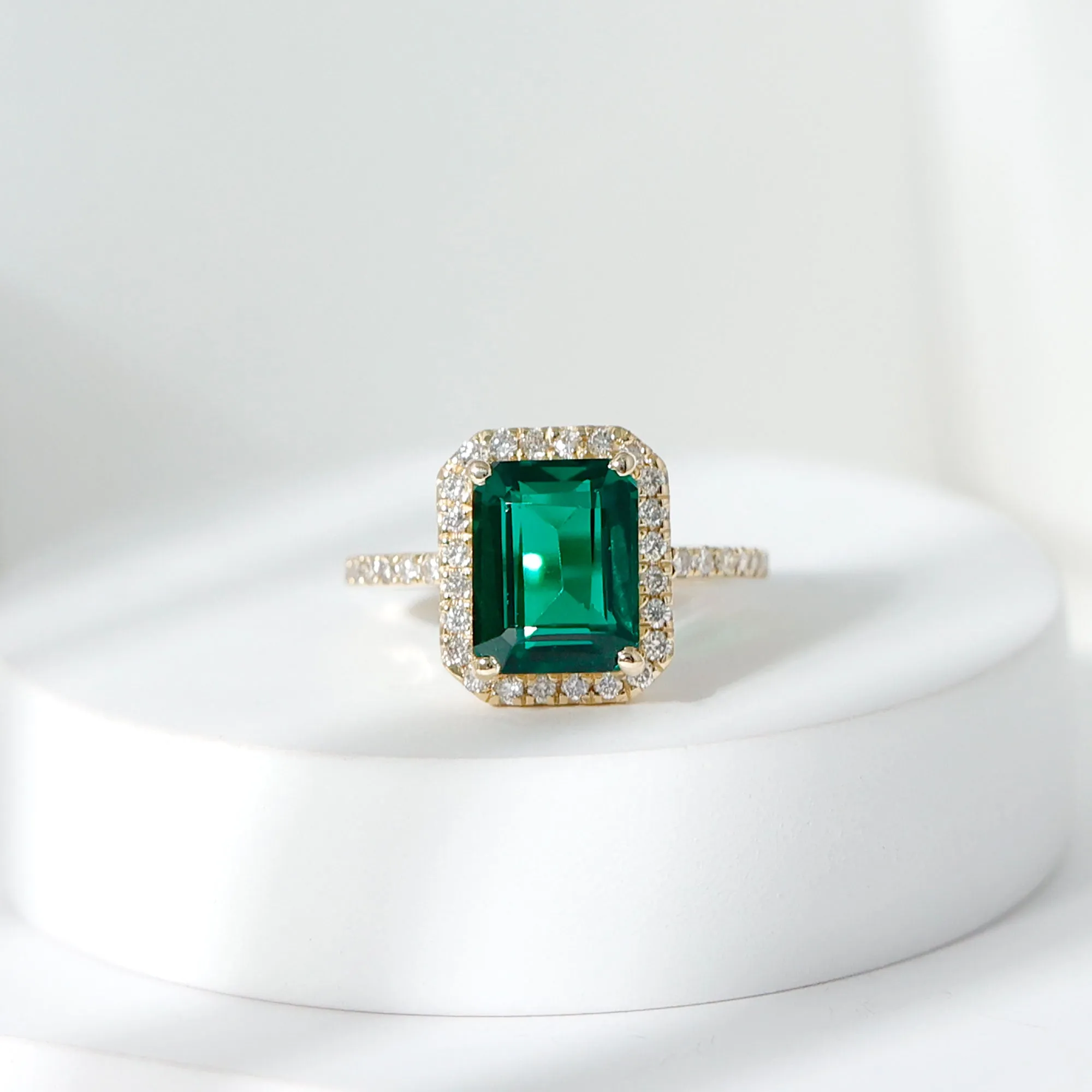 Octagon Lab Grown Emerald Halo Engagement Ring with Diamond
