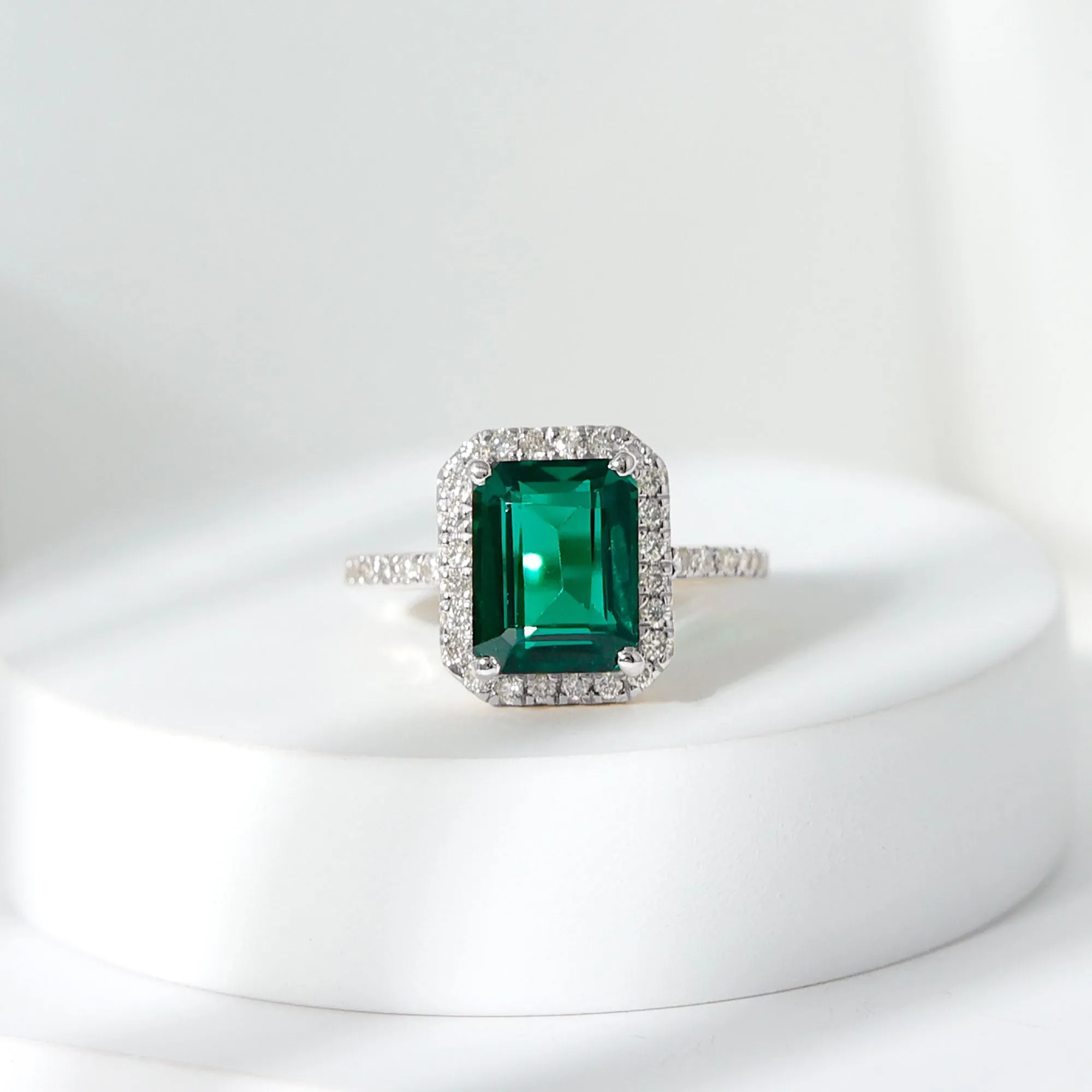 Octagon Lab Grown Emerald Halo Engagement Ring with Diamond
