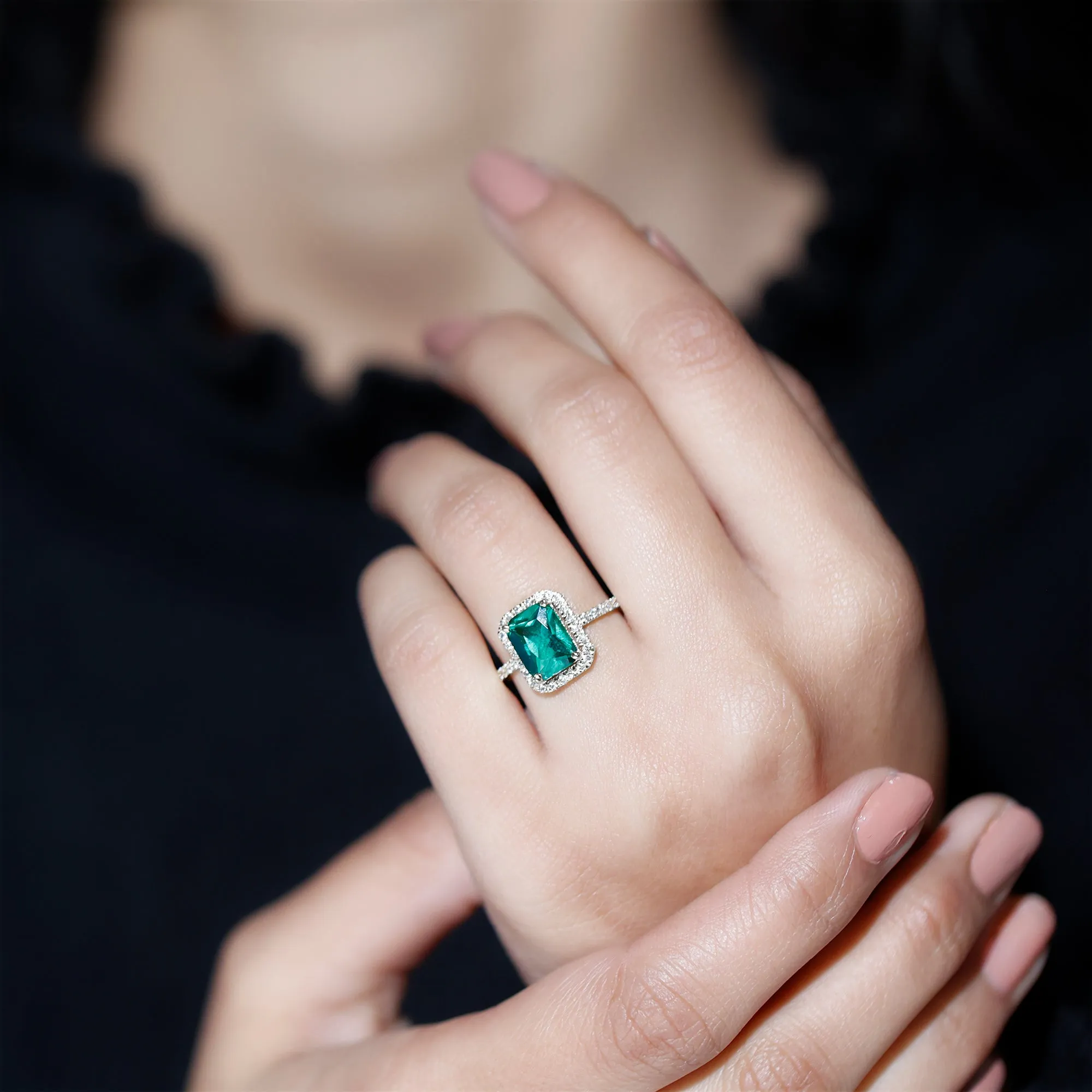 Octagon Lab Grown Emerald Halo Engagement Ring with Diamond