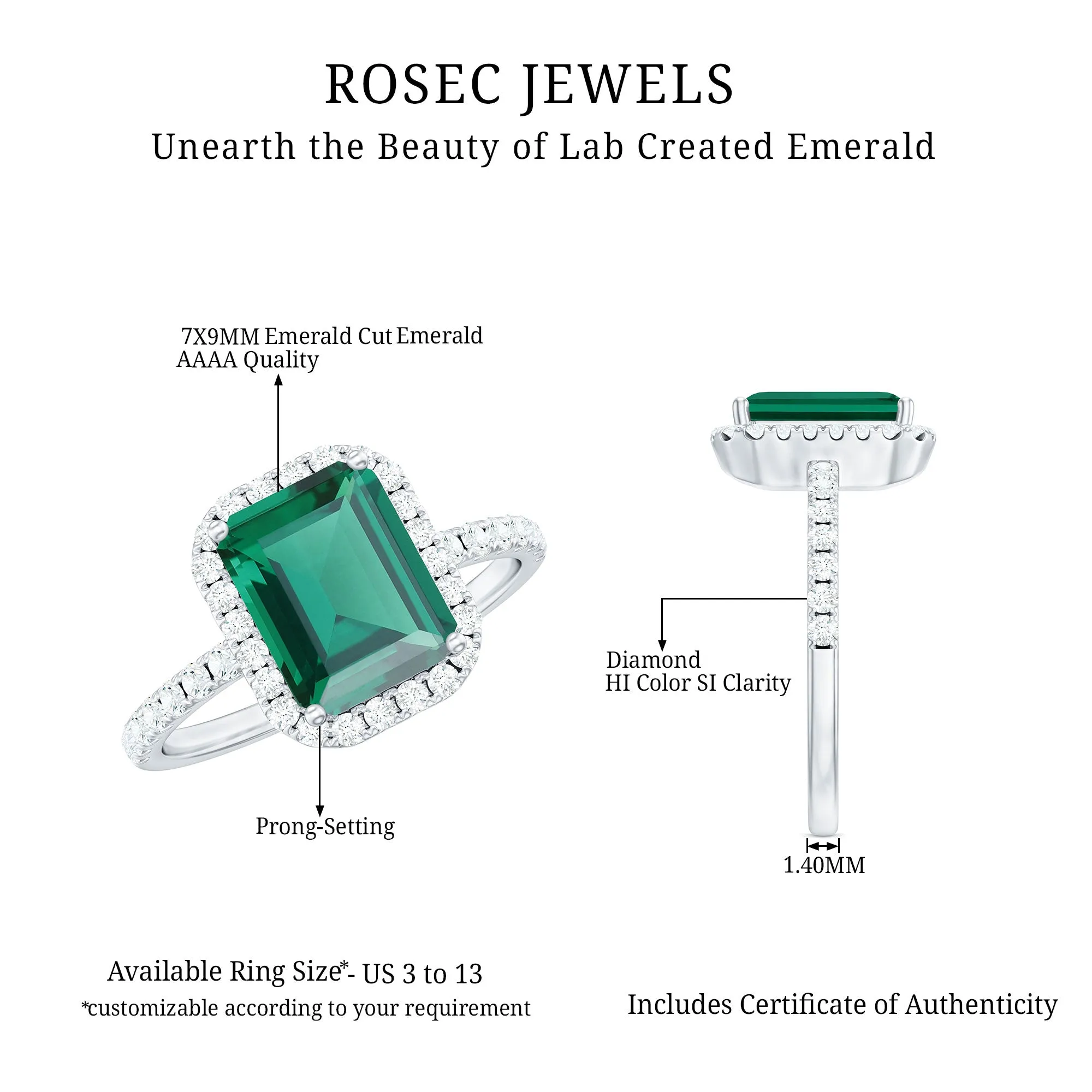 Octagon Lab Grown Emerald Halo Engagement Ring with Diamond