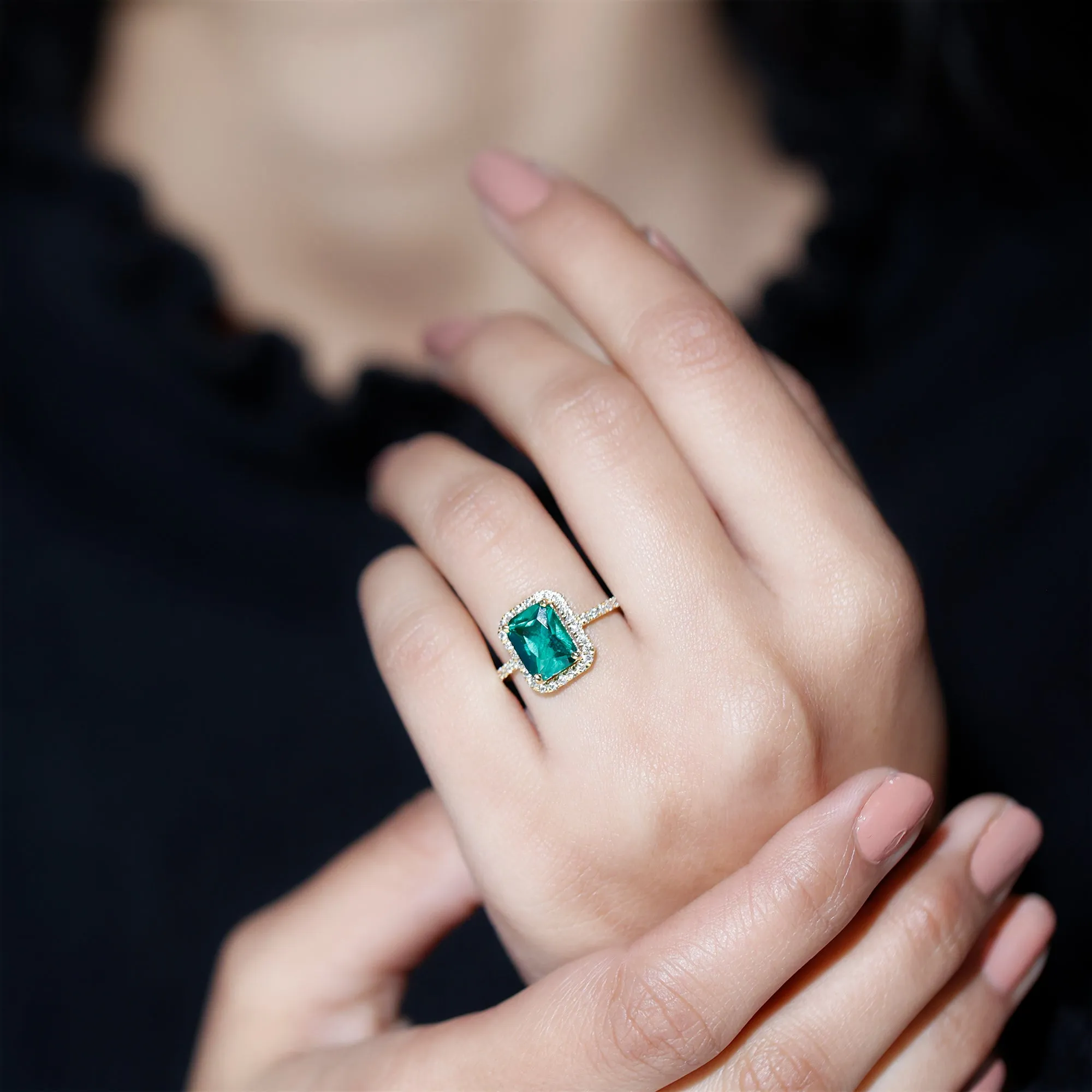 Octagon Lab Grown Emerald Halo Engagement Ring with Diamond