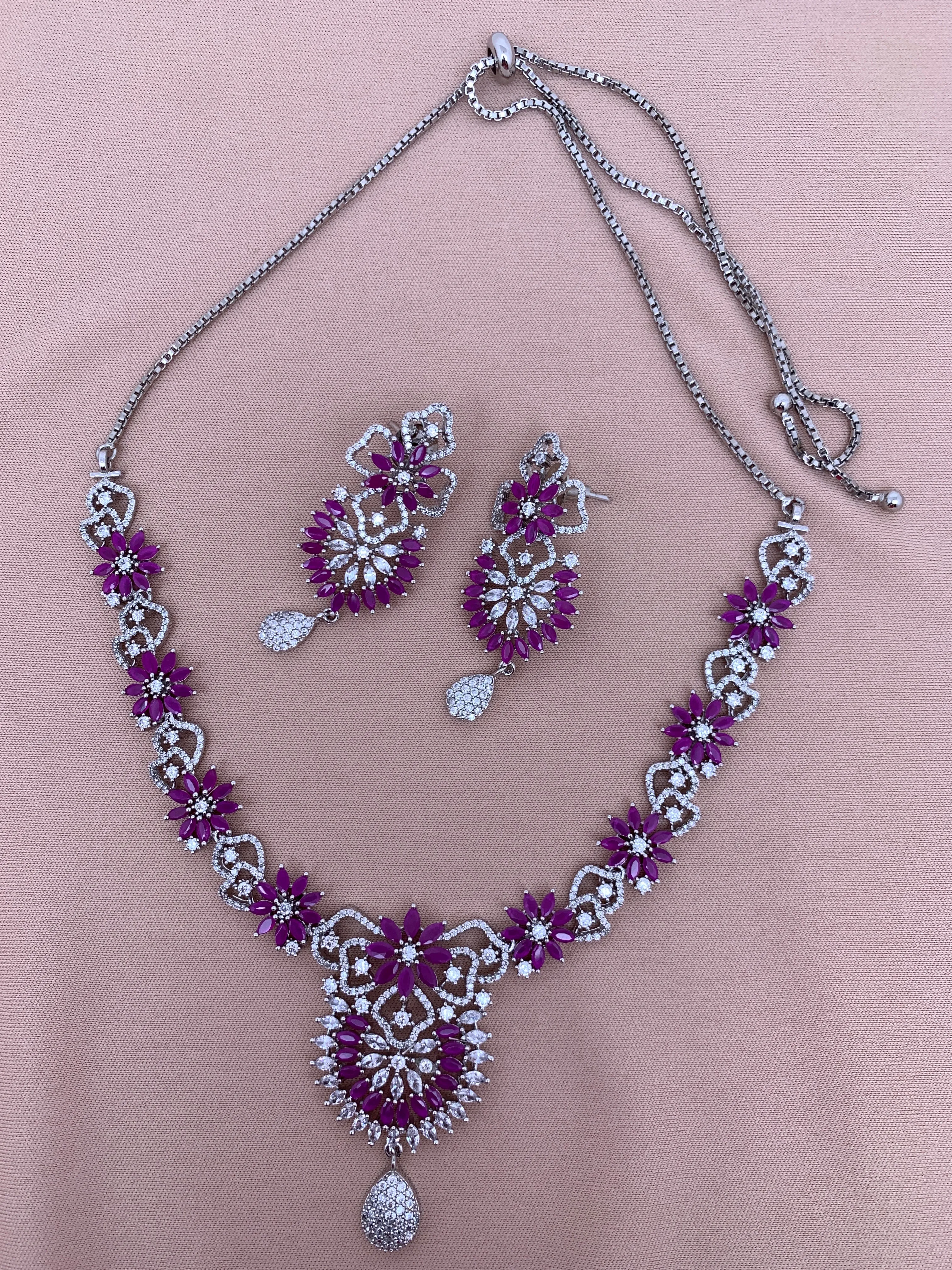 Pink and White Stone Silver Finish American Diamond Adjustable Length Short Necklace