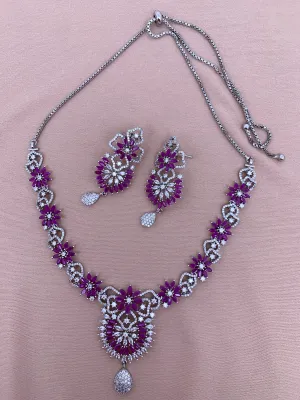 Pink and White Stone Silver Finish American Diamond Adjustable Length Short Necklace