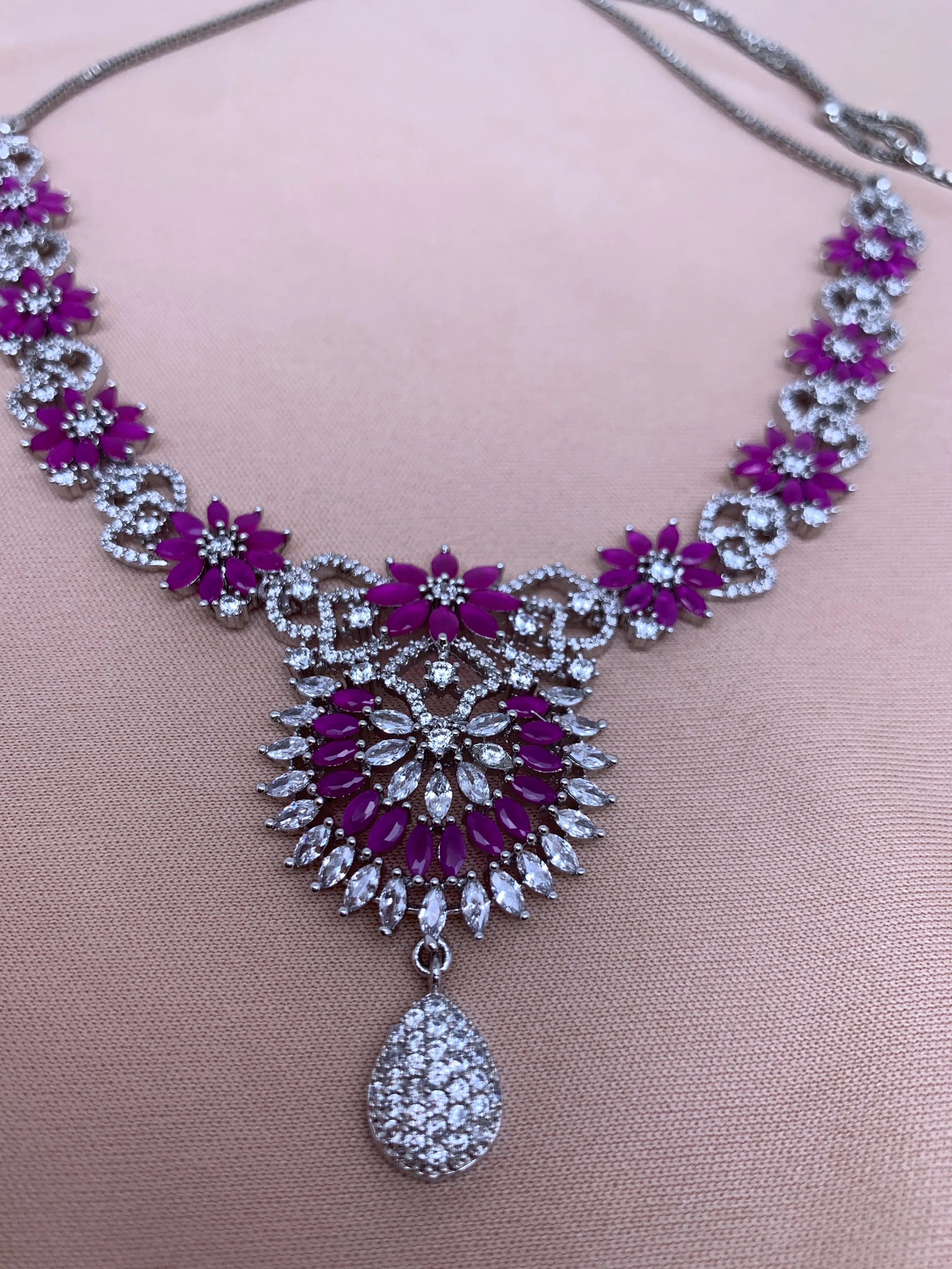 Pink and White Stone Silver Finish American Diamond Adjustable Length Short Necklace