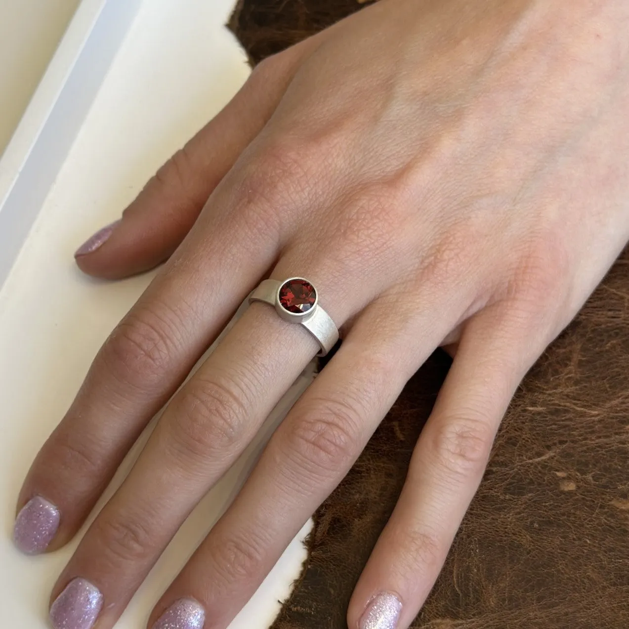 Red Garnet Round Ring on Tapered Band