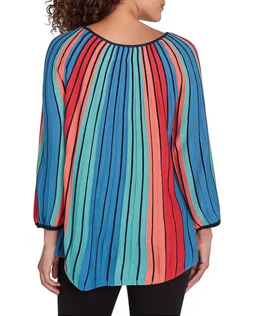 Ruby Rd. Womens Multicolor Vertical Stripe Keyhole Neck Sweater