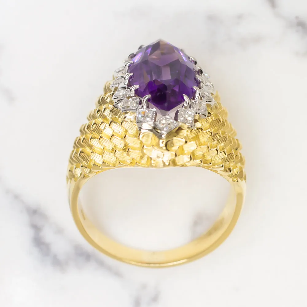 VINTAGE ITALIAN 18K GOLD AMETHYST DIAMOND RING BIG COCKTAIL DESIGNER STATEMENT
