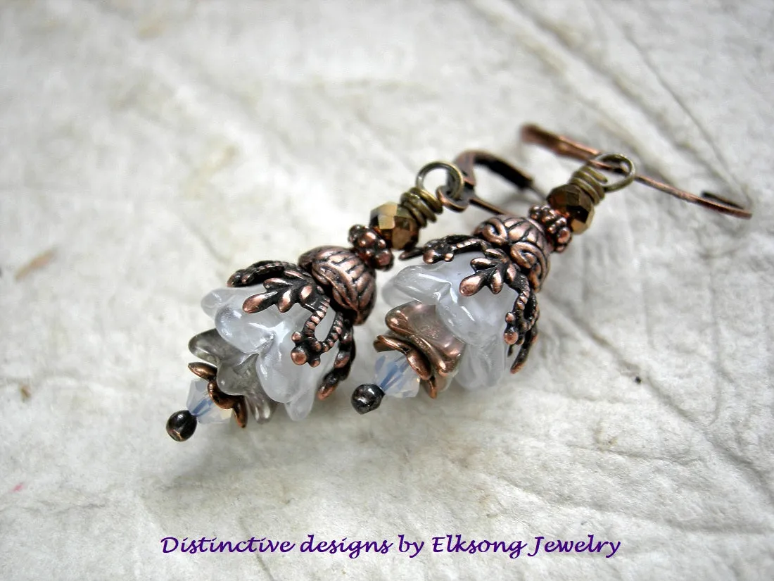 White Crocus Earrings, Spring Flowers, Glass, Crystal, Copper