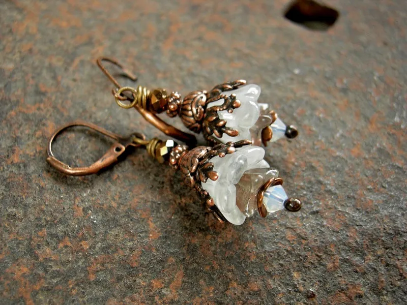 White Crocus Earrings, Spring Flowers, Glass, Crystal, Copper