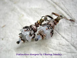 White Crocus Earrings, Spring Flowers, Glass, Crystal, Copper