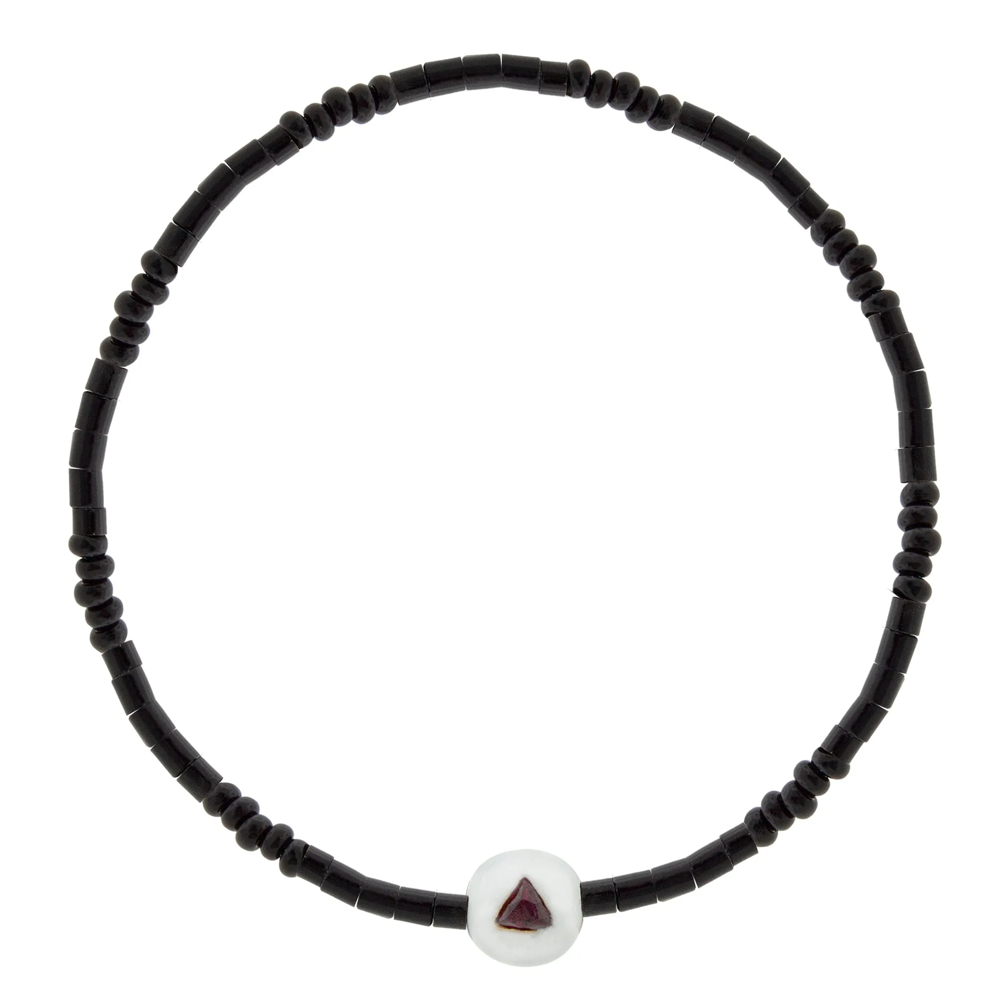 White Enameled Medium Gold Ball With Ruby Trillion Beaded Bracelet
