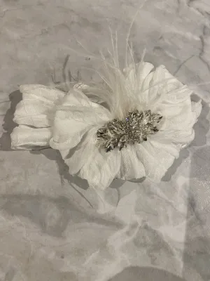 White Ruffled Headband w/Feather & Rhinestone Center