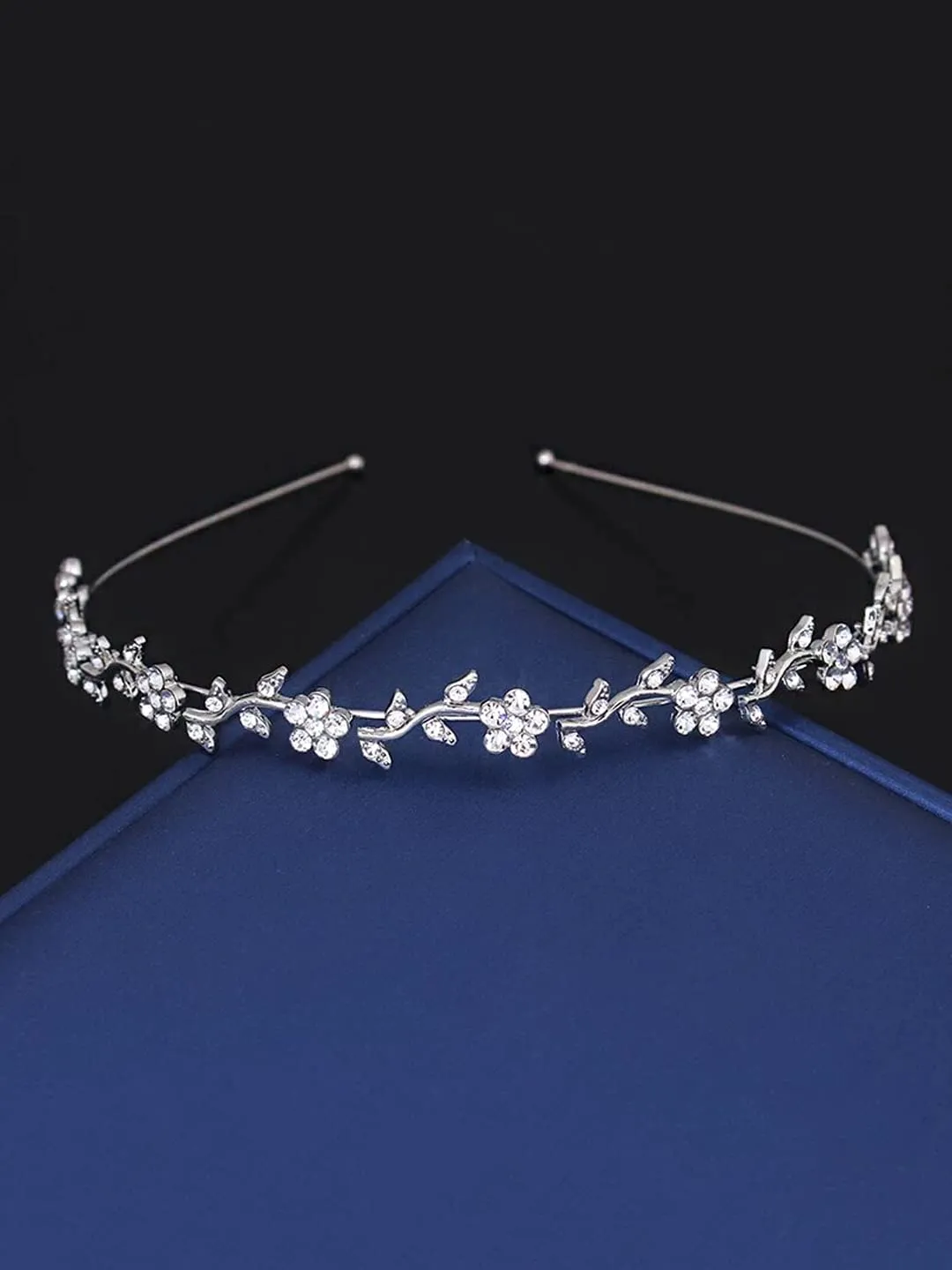 Yellow Chimes Tiara for Women and Girls Silver Plated Crown for Women Leafy Floral Crystal Studded Bridal Wedding Crown Tiaras for Women and Girls Gift For Women & Girls Valentine Gift for Girls
